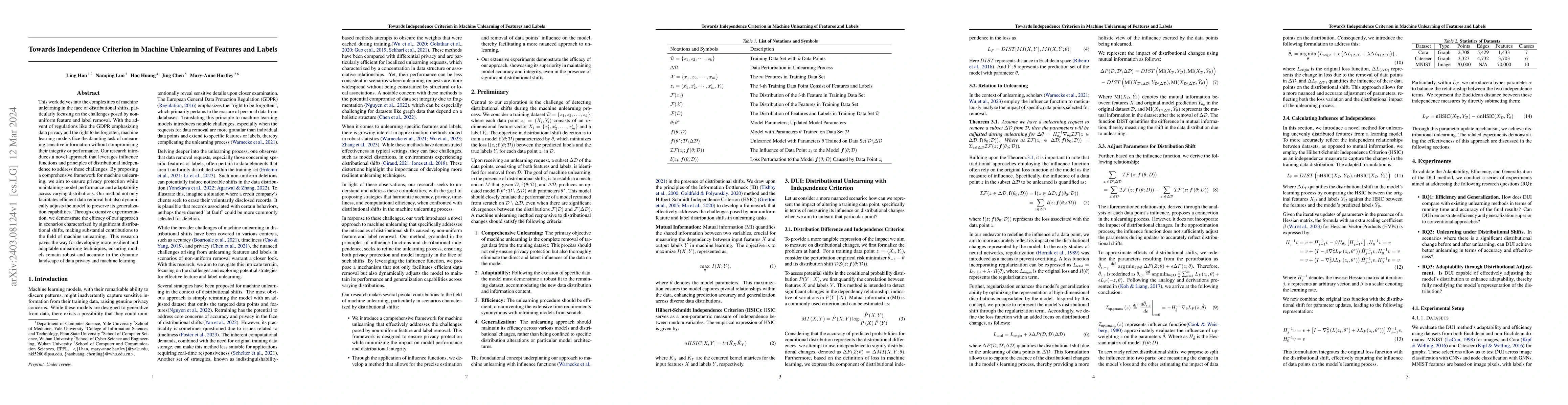 Thumbnail for Towards Independence Criterion in Machine Unlearning of Features and
  Labels
