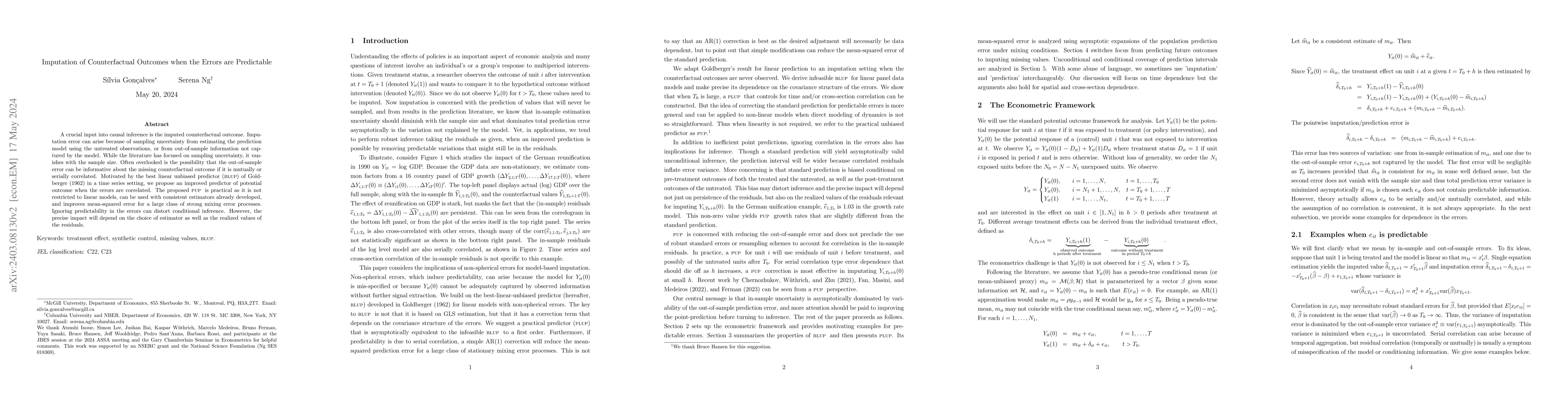 Thumbnail for Imputation of Counterfactual Outcomes when the Errors are Predictable