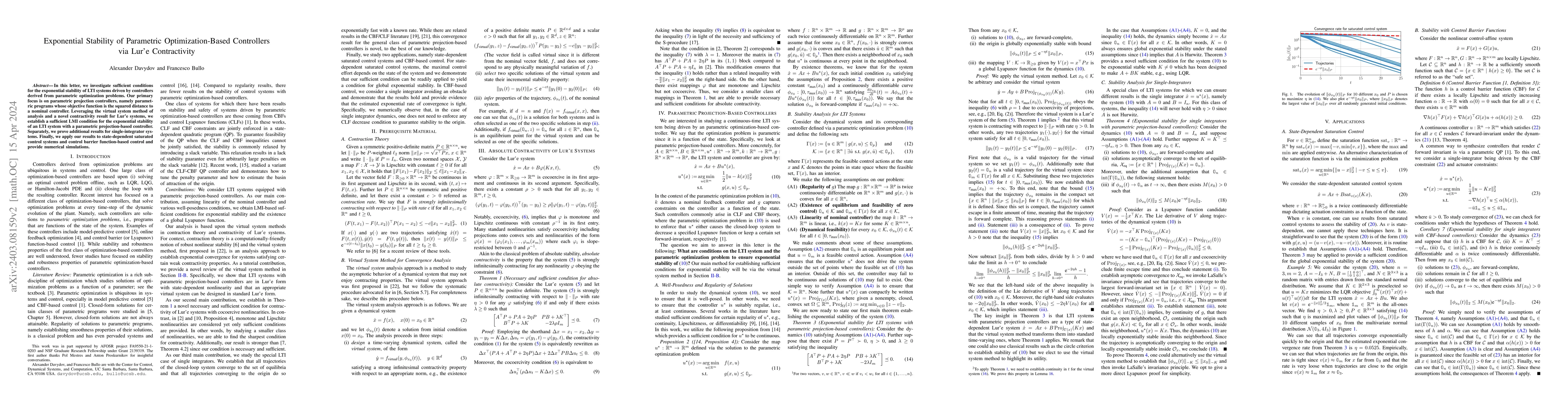 Thumbnail for Exponential Stability of Parametric Optimization-Based Controllers via
  Lur'e Contractivity