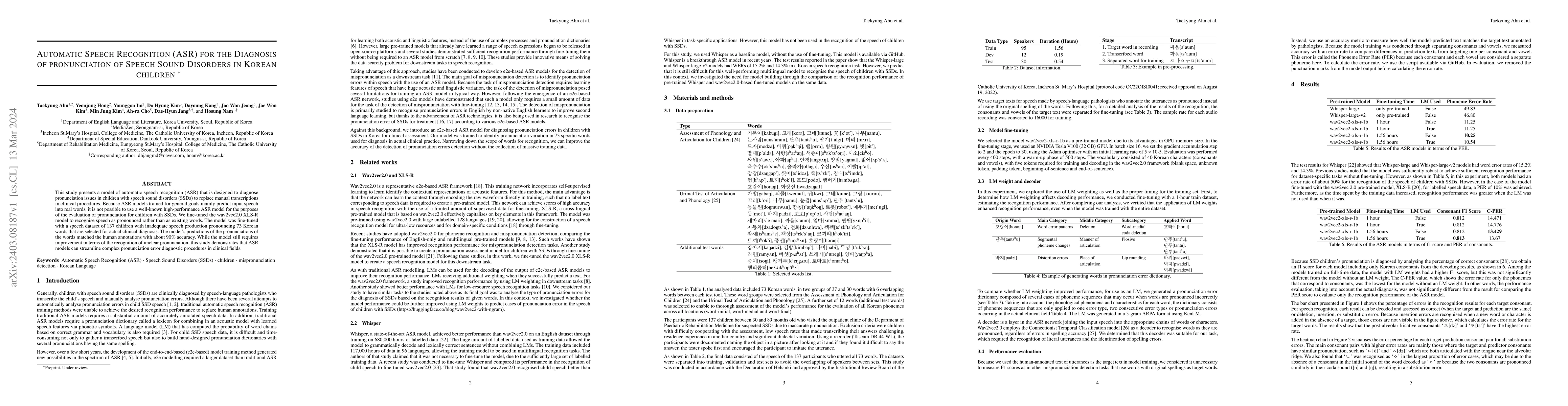 Thumbnail for Automatic Speech Recognition (ASR) for the Diagnosis of pronunciation of
  Speech Sound Disorders in Korean children