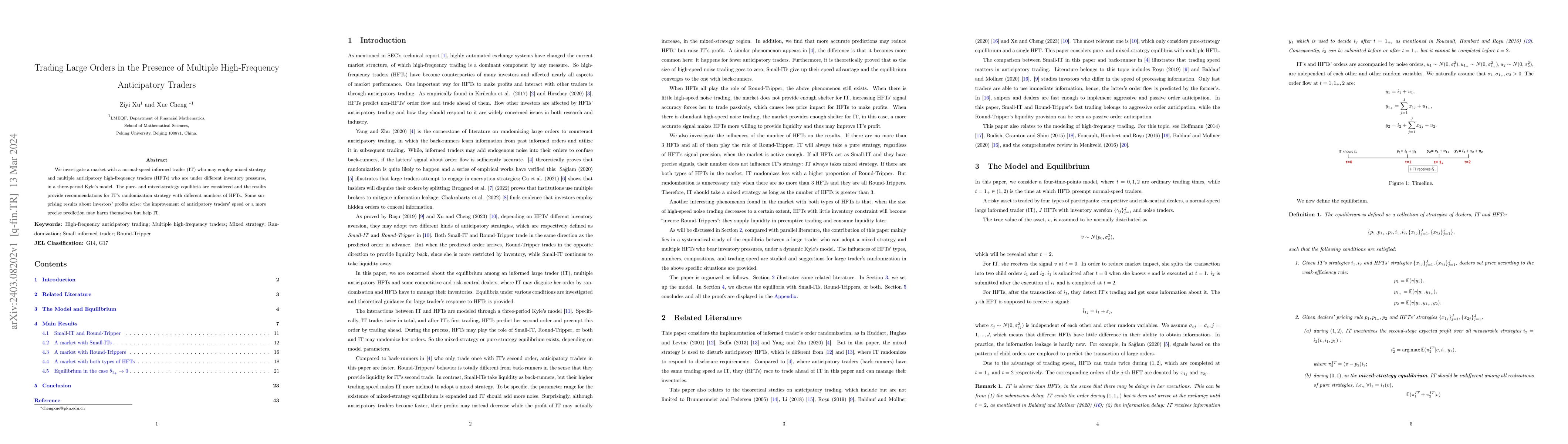 Thumbnail for Trading Large Orders in the Presence of Multiple High-Frequency
  Anticipatory Traders