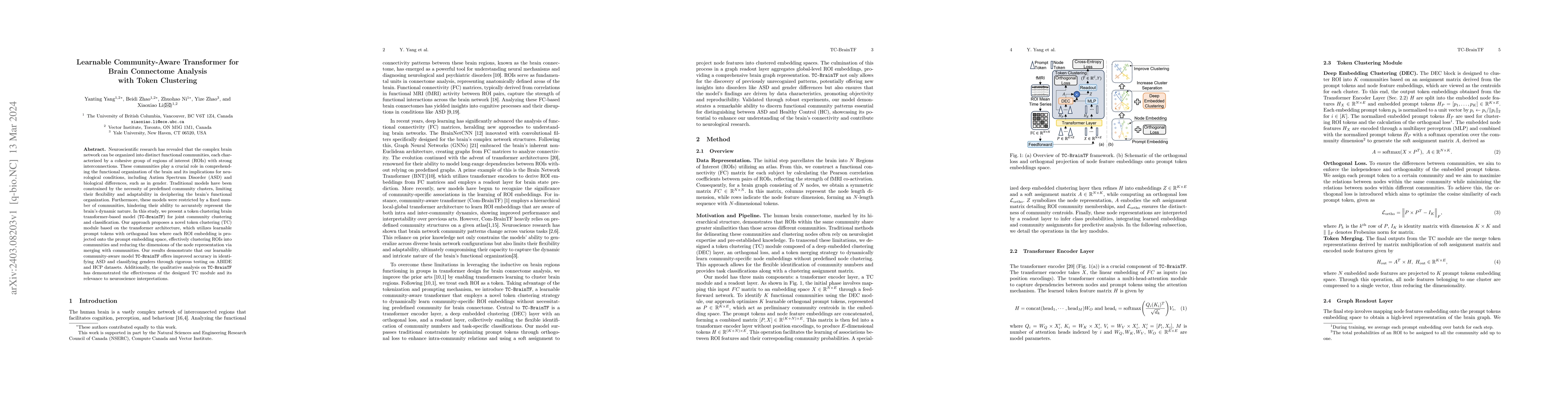 Thumbnail for Learnable Community-Aware Transformer for Brain Connectome Analysis with
  Token Clustering