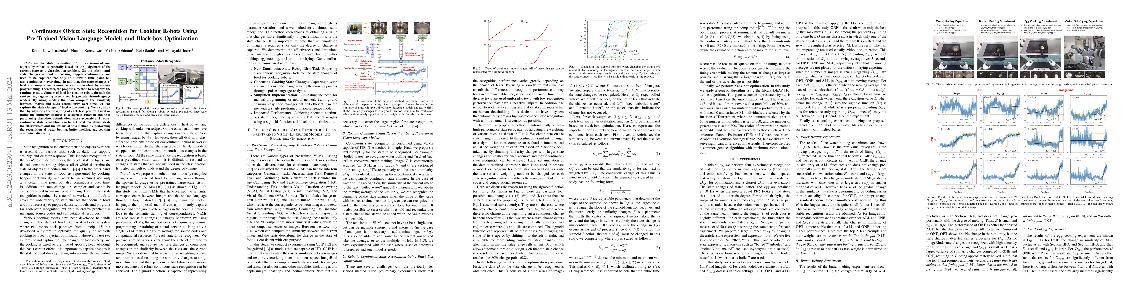 Thumbnail for Continuous Object State Recognition for Cooking Robots Using Pre-Trained
  Vision-Language Models and Black-box Optimization