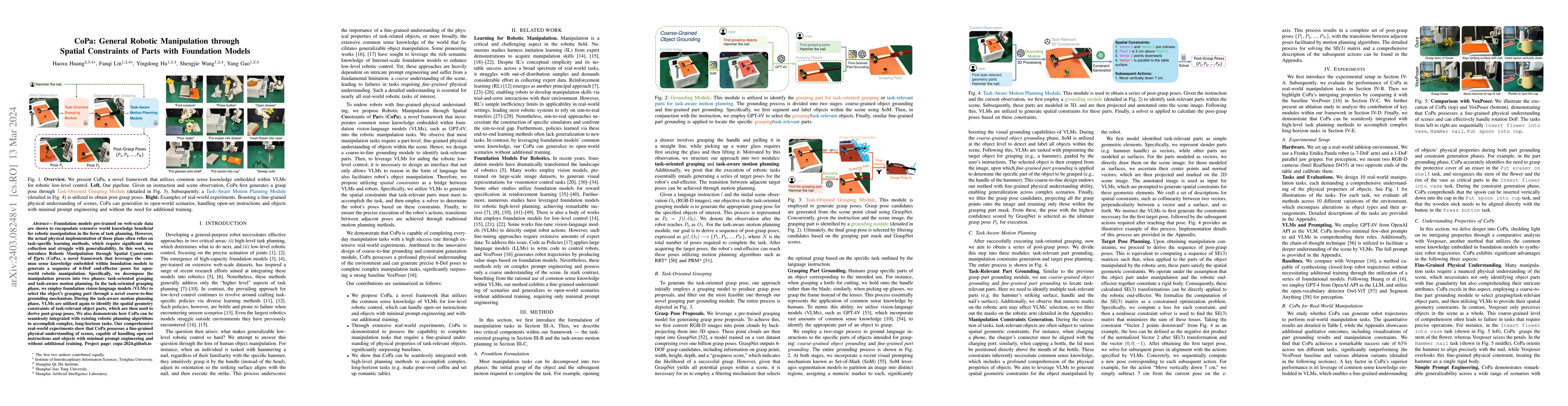 Thumbnail for CoPa: General Robotic Manipulation through Spatial Constraints of Parts
  with Foundation Models