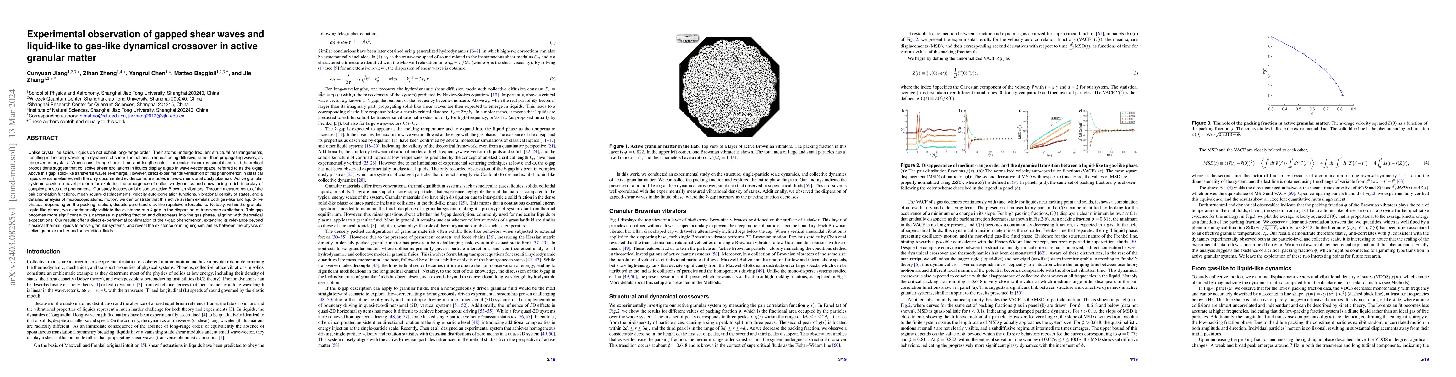 Thumbnail for Experimental observation of gapped shear waves and liquid-like to
  gas-like dynamical crossover in active granular matter