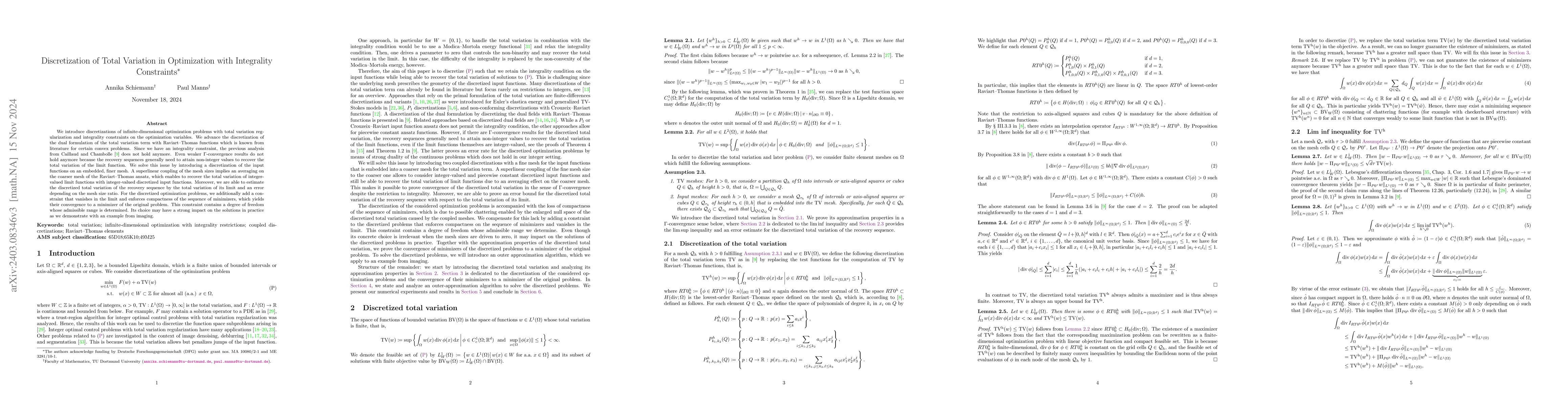 Thumbnail for Discretization of Total Variation in Optimization with Integrality
  Constraint