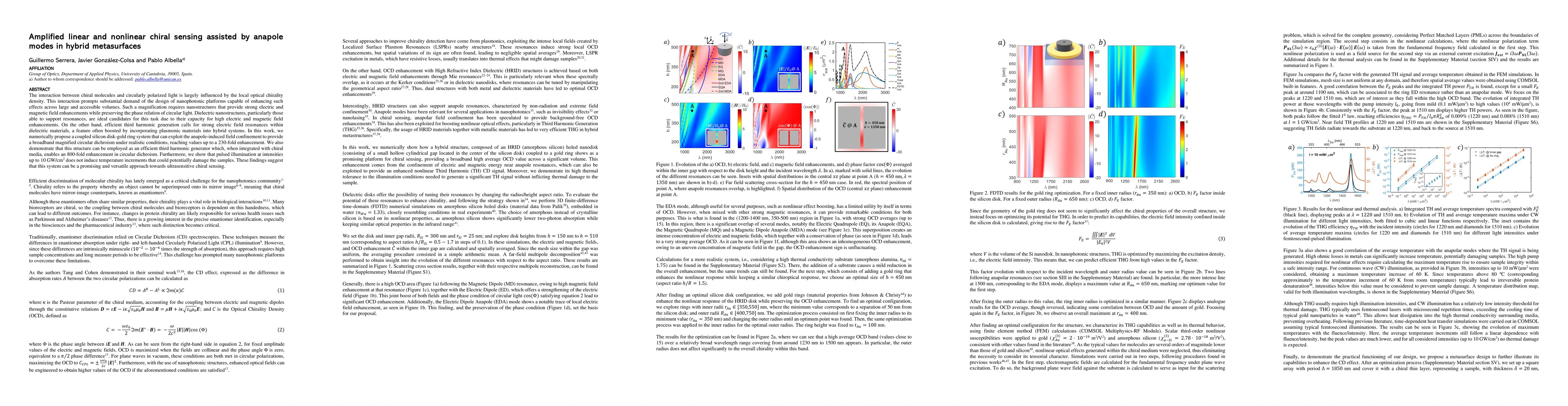 Thumbnail for Amplified linear and nonlinear chiral sensing assisted by anapole modes
  in hybrid metasurfaces