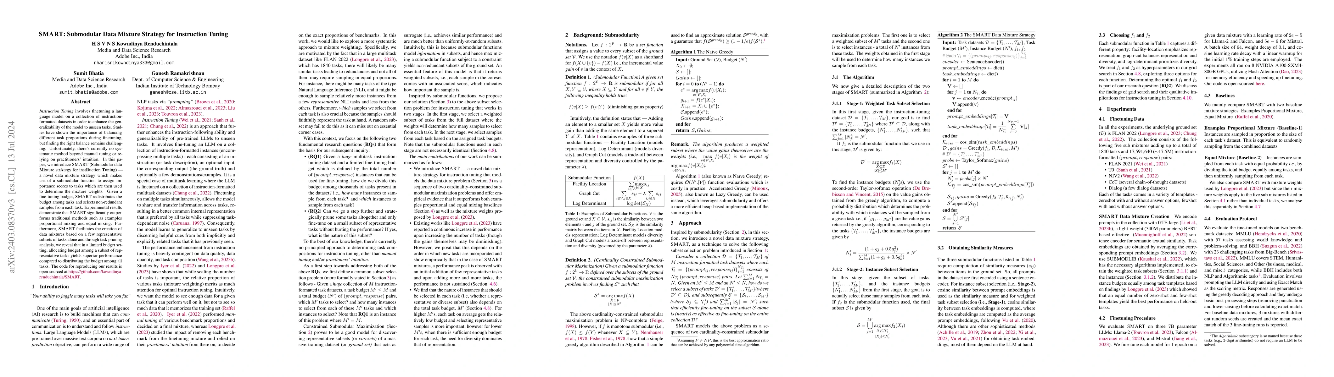 Thumbnail for SMART: Submodular Data Mixture Strategy for Instruction Tuning
