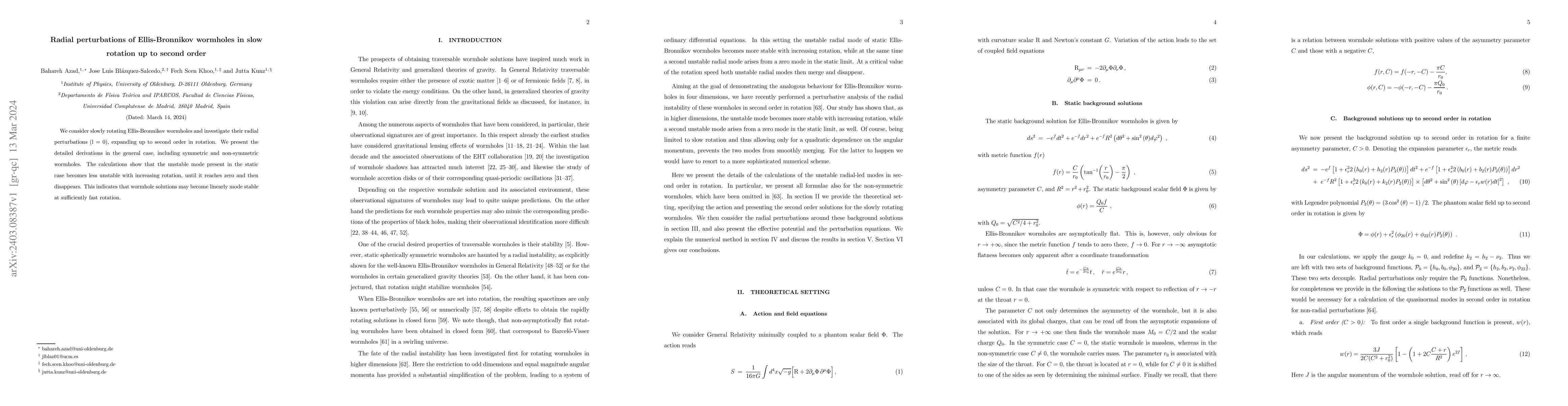 Thumbnail for Radial perturbations of Ellis-Bronnikov wormholes in slow rotation up to
  second order