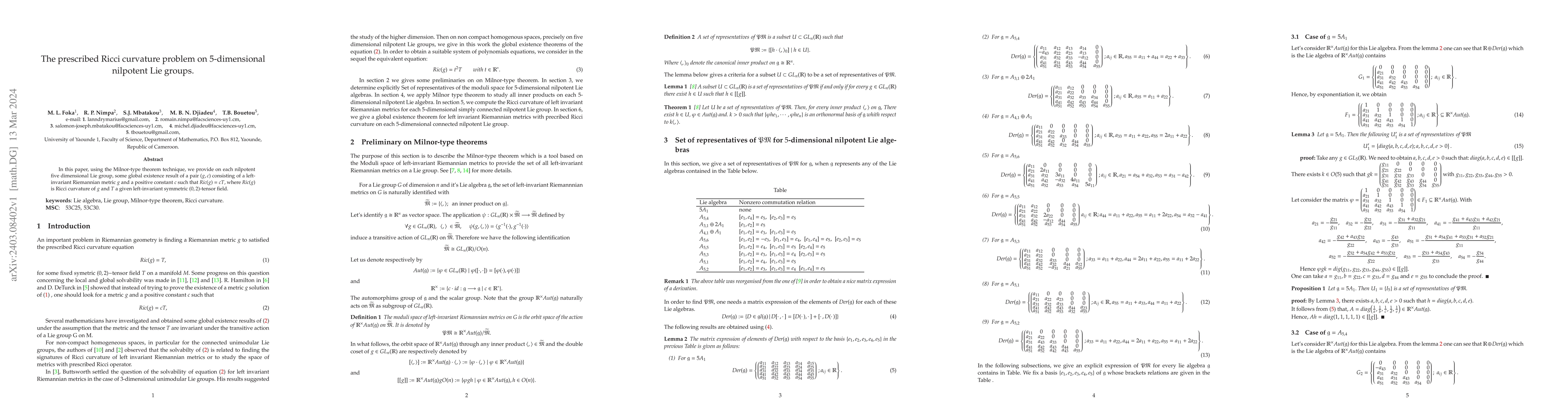 Thumbnail for The prescribed Ricci curvature problem on 5-dimensional nilpotent Lie
  groups
