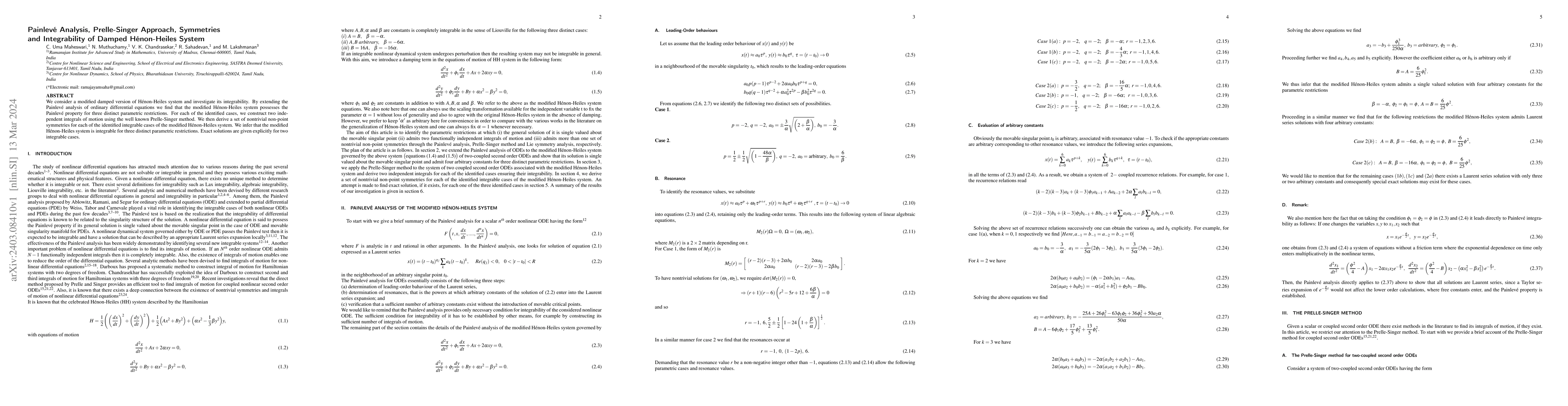 Thumbnail for Painlev\'e Analysis, Prelle-Singer Approach, Symmetries and
  Integrability of Damped H\'enon-Heiles System