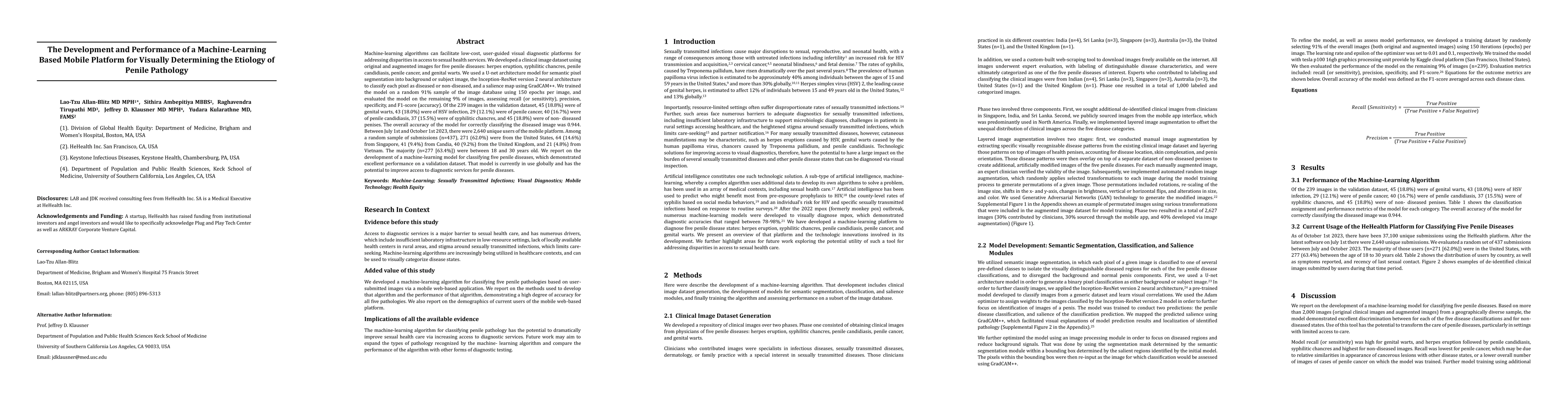 Thumbnail for The Development and Performance of a Machine Learning Based Mobile
  Platform for Visually Determining the Etiology of Penile Pathology