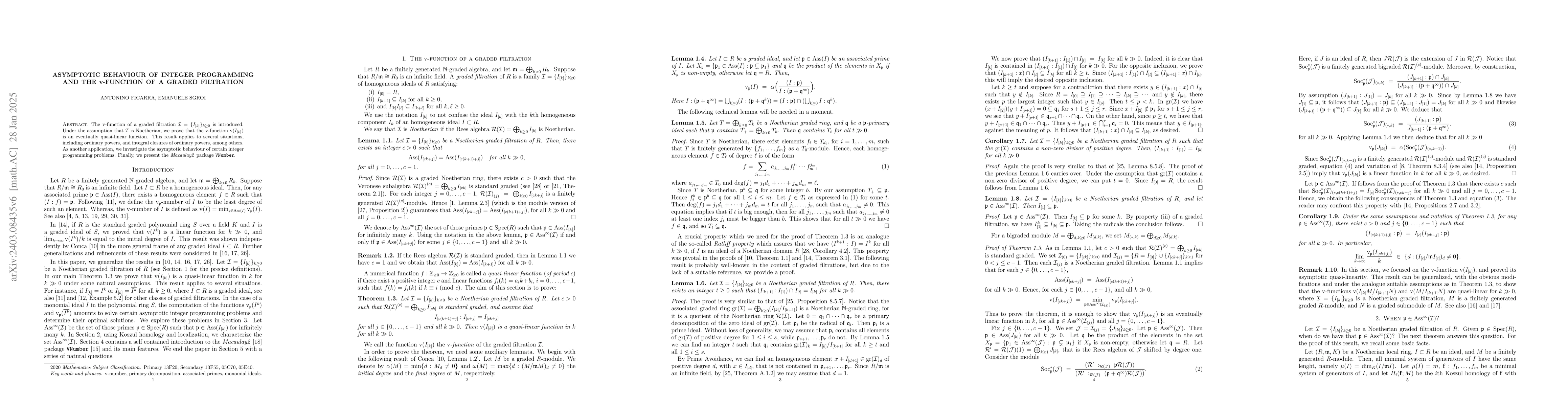 Thumbnail for Asymptotic behaviour of integer programming and the $\text{v}$-function
  of a graded filtration