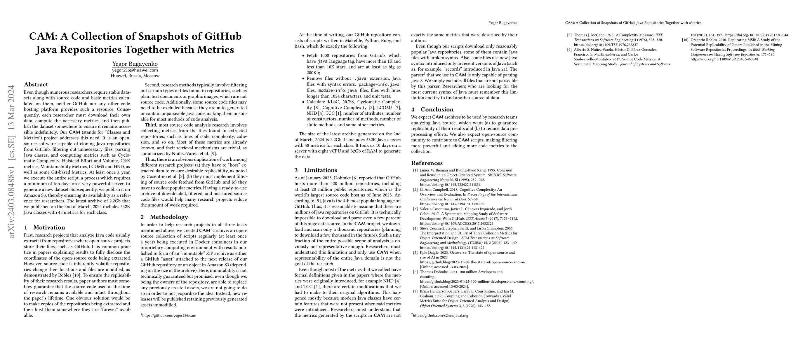 Thumbnail for CAM: A Collection of Snapshots of GitHub Java Repositories Together with
  Metrics