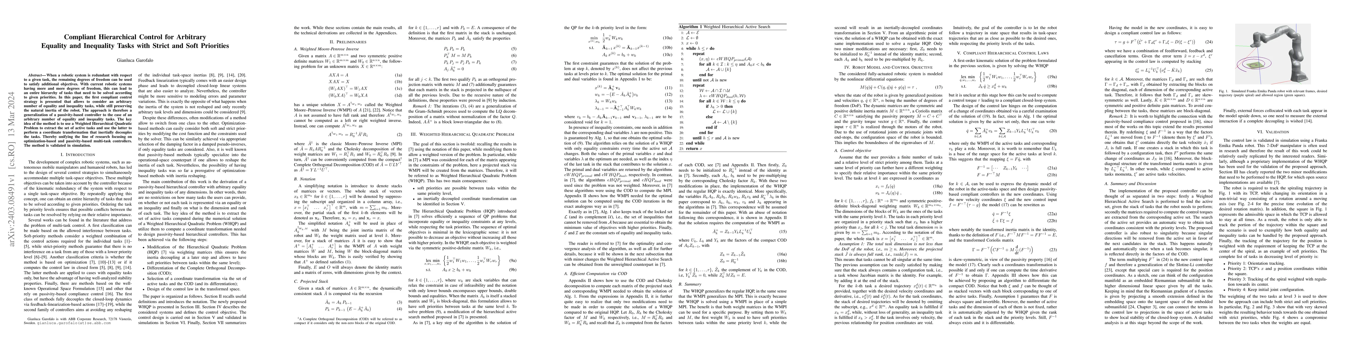 Thumbnail for Compliant Hierarchical Control for Arbitrary Equality and Inequality
  Tasks with Strict and Soft Priorities
