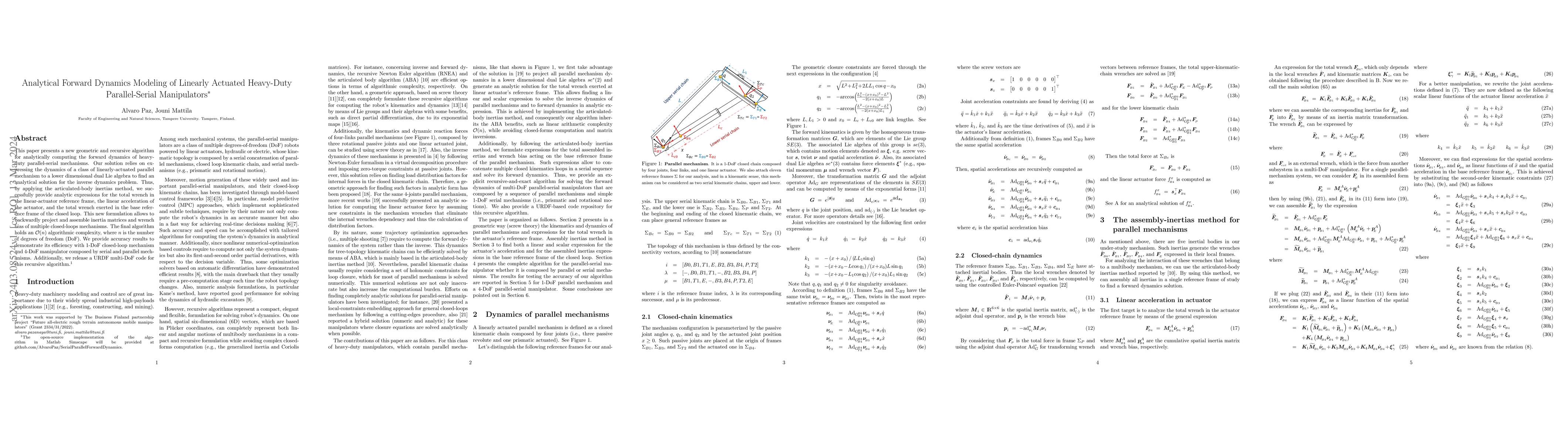 Thumbnail for Analytical Forward Dynamics Modeling of Linearly Actuated Heavy-Duty
  Parallel-Serial Manipulators