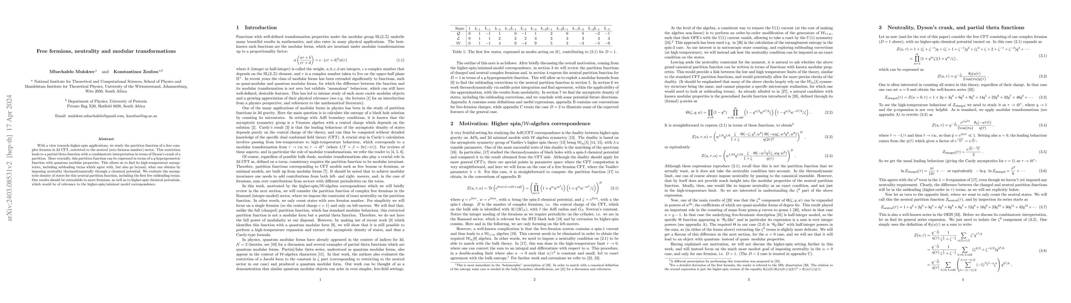 Thumbnail for Free fermions, neutrality and modular transformations