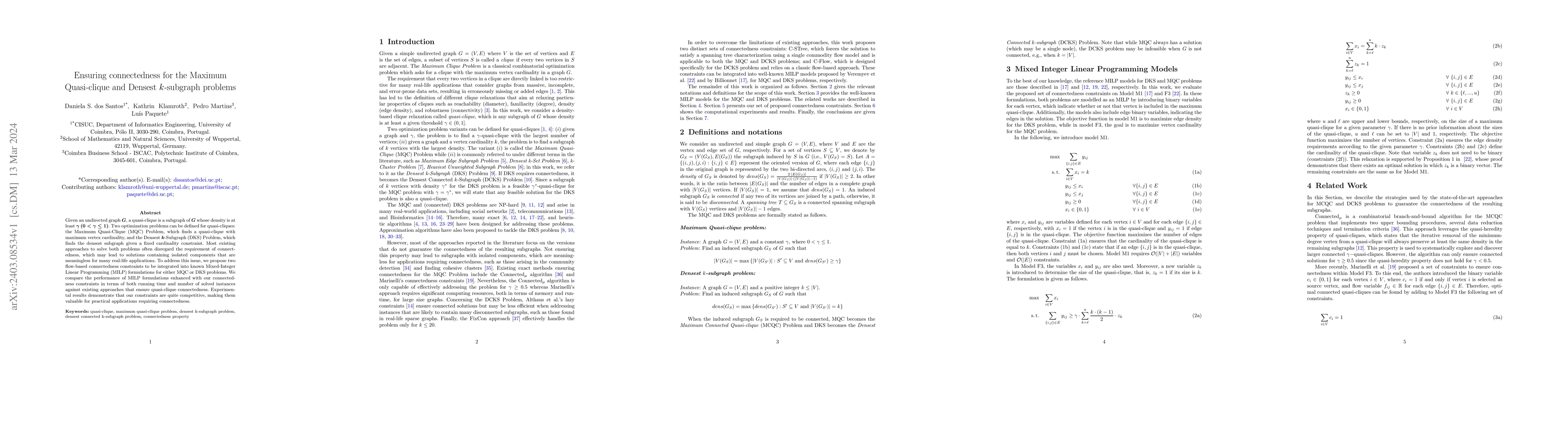 Thumbnail for Ensuring connectedness for the Maximum Quasi-clique and Densest
  $k$-subgraph problems
