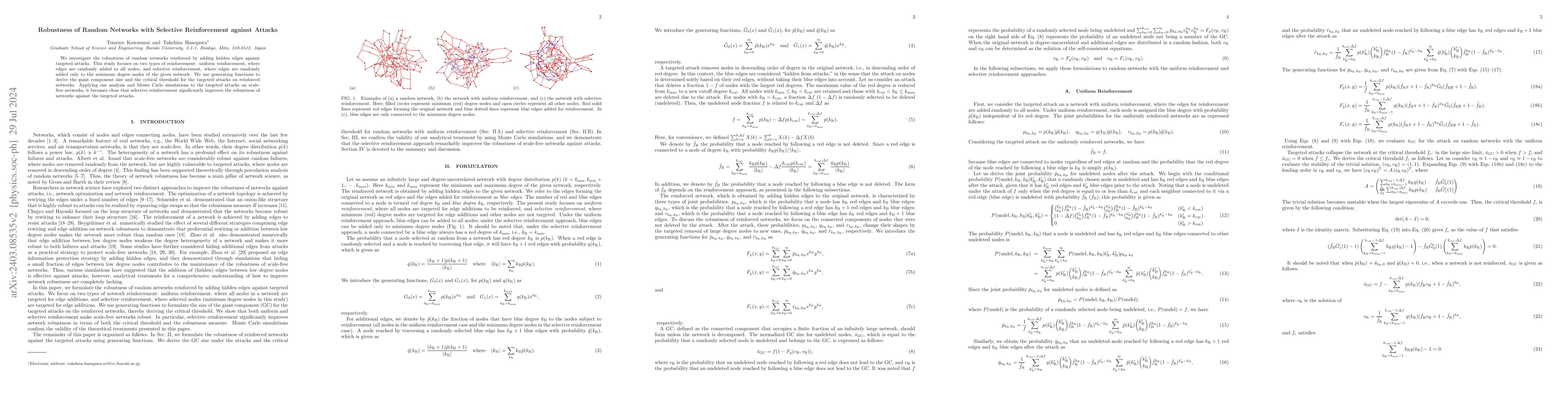 Thumbnail for Robustness of Random Networks with Selective Reinforcement against
  Attacks