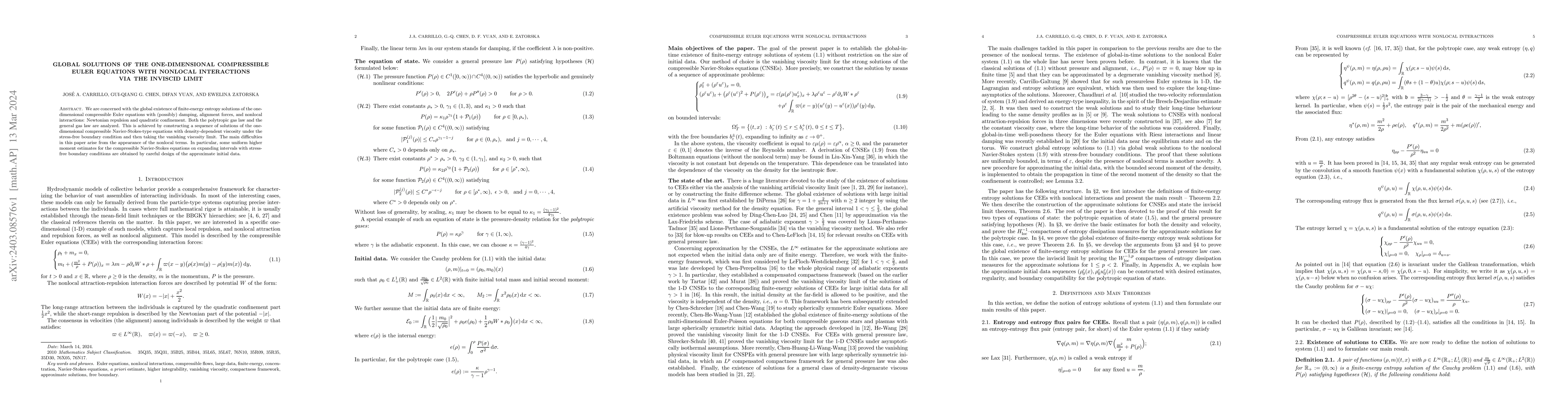 Thumbnail for Global solutions of the one-dimensional compressible Euler equations
  with nonlocal interactions via the inviscid limit