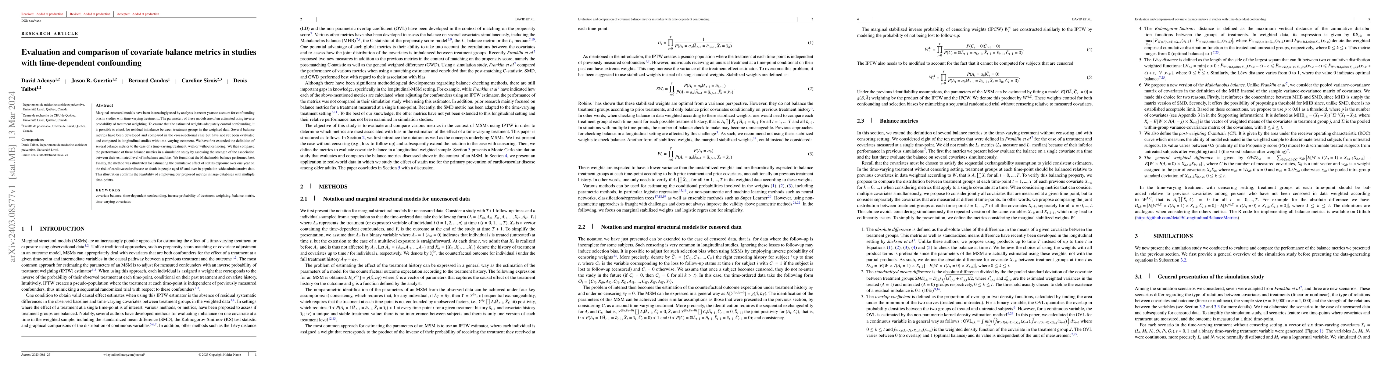 Thumbnail for Evaluation and comparison of covariate balance metrics in studies with
  time-dependent confounding