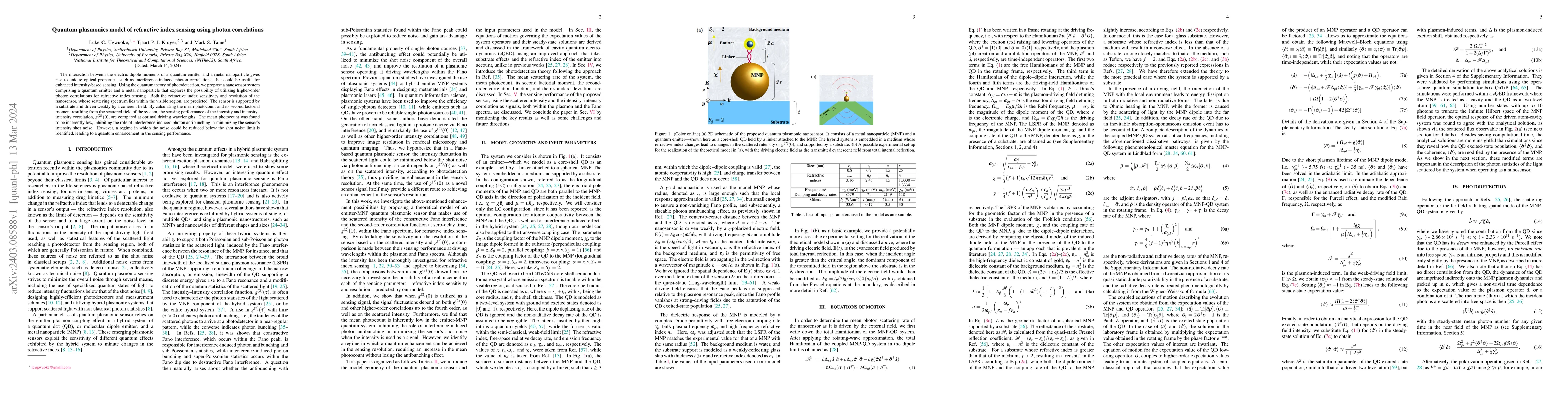 Thumbnail for Quantum plasmonics model of refractive index sensing using photon
  correlations