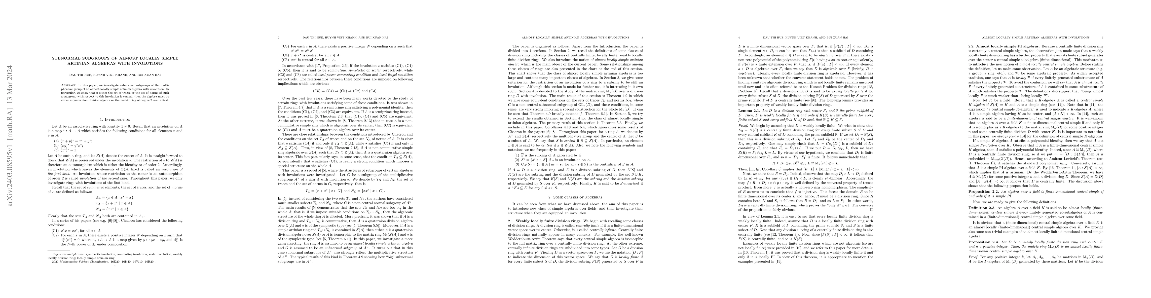 Thumbnail for Subnormal subgroups of almost locally simple artinian algebras with
  involutions
