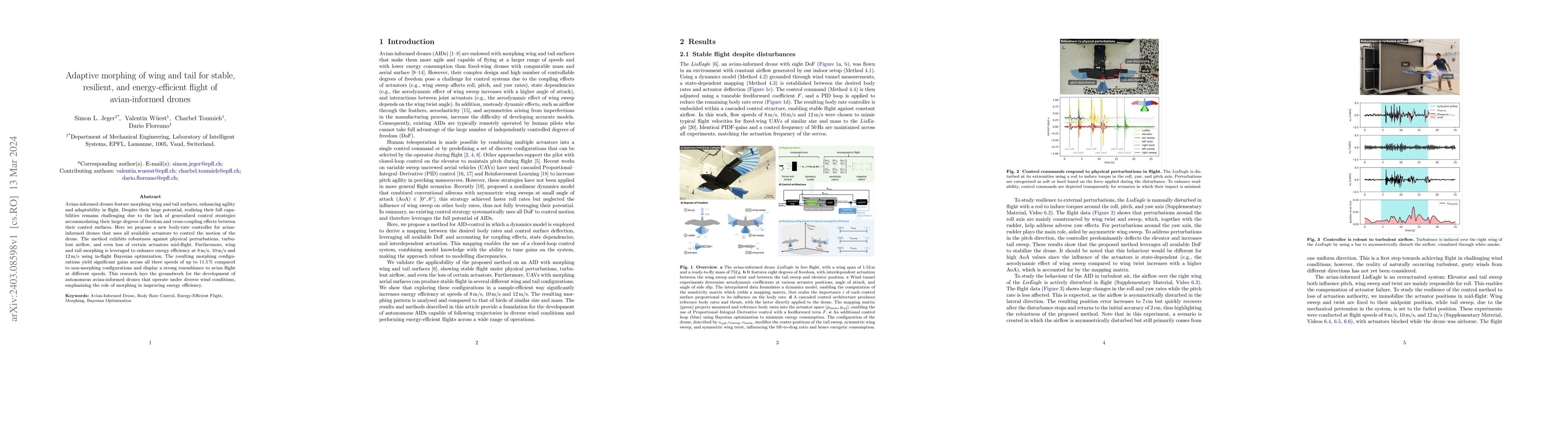 Thumbnail for Adaptive morphing of wing and tail for stable, resilient, and
  energy-efficient flight of avian-informed drones