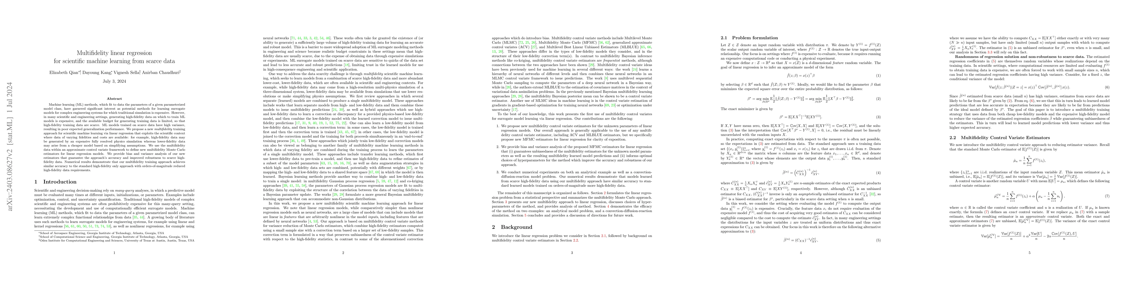 Thumbnail for Multifidelity linear regression for scientific machine learning from
  scarce data