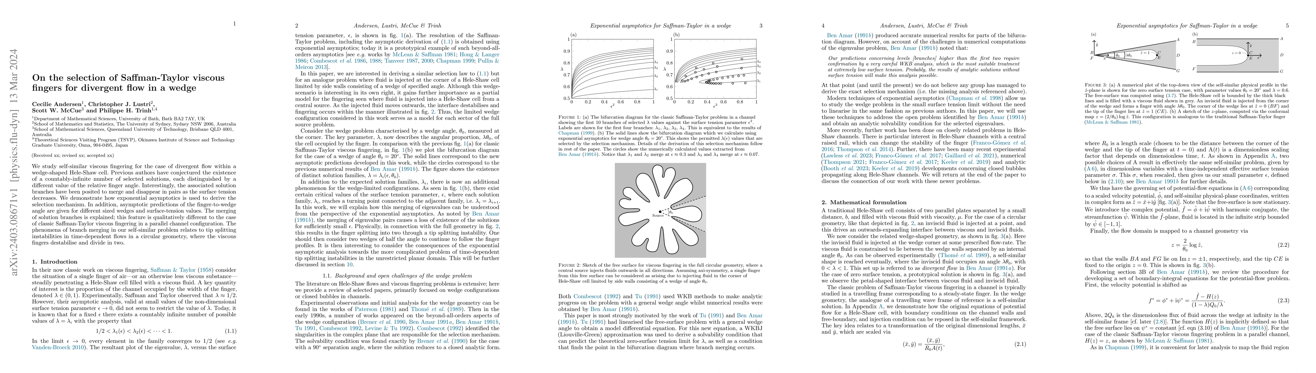 Thumbnail for On the selection of Saffman-Taylor viscous fingers for divergent flow in
  a wedge