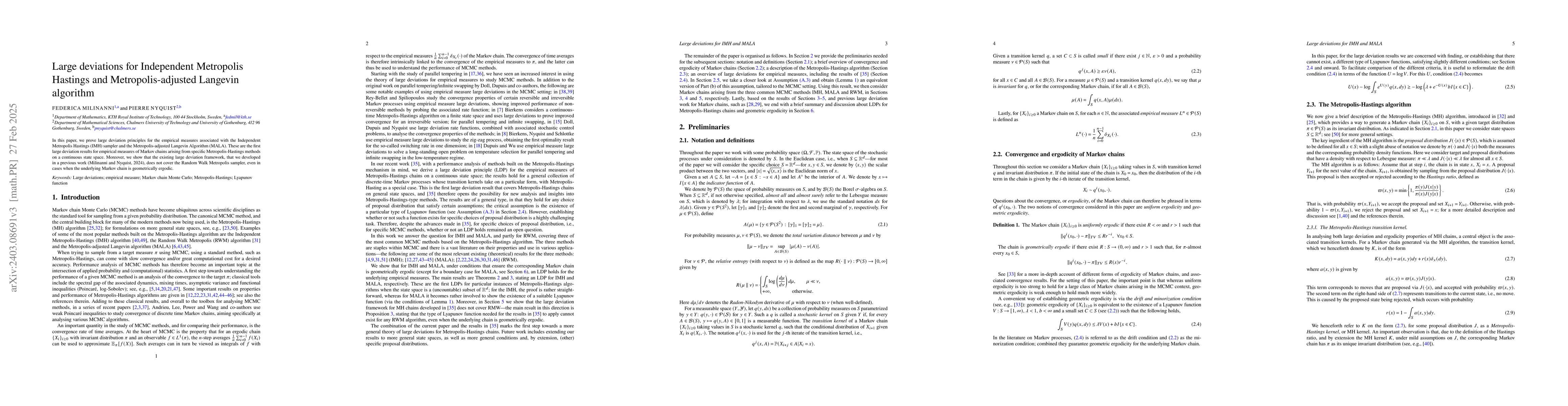 Thumbnail for On the large deviation principle for Metropolis-Hastings Markov Chains:
  the Lyapunov function condition and examples