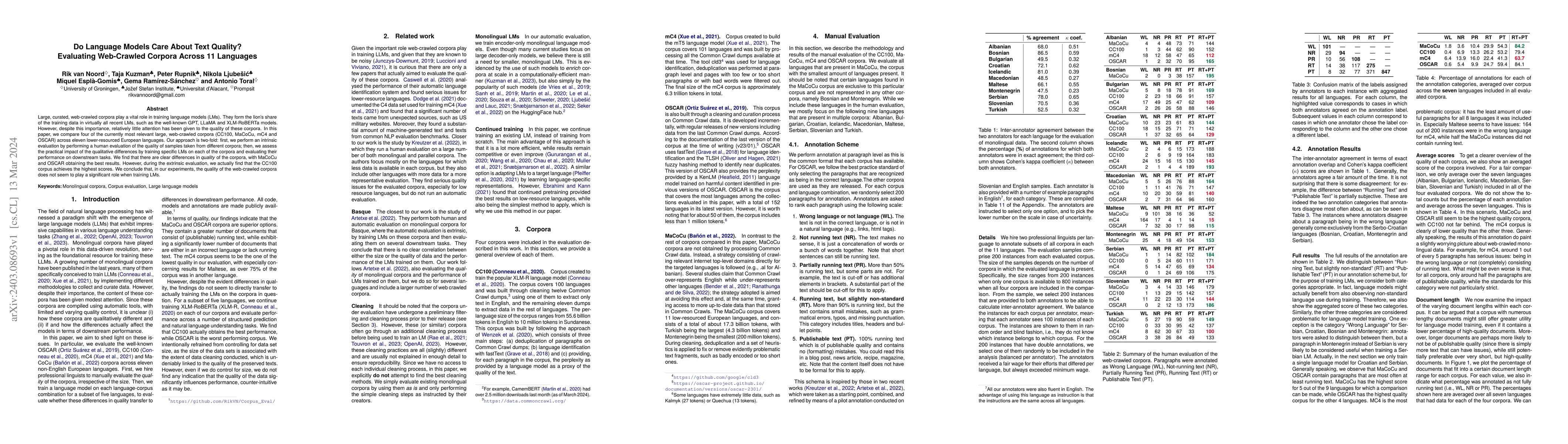 Thumbnail for Do Language Models Care About Text Quality? Evaluating Web-Crawled
  Corpora Across 11 Languages