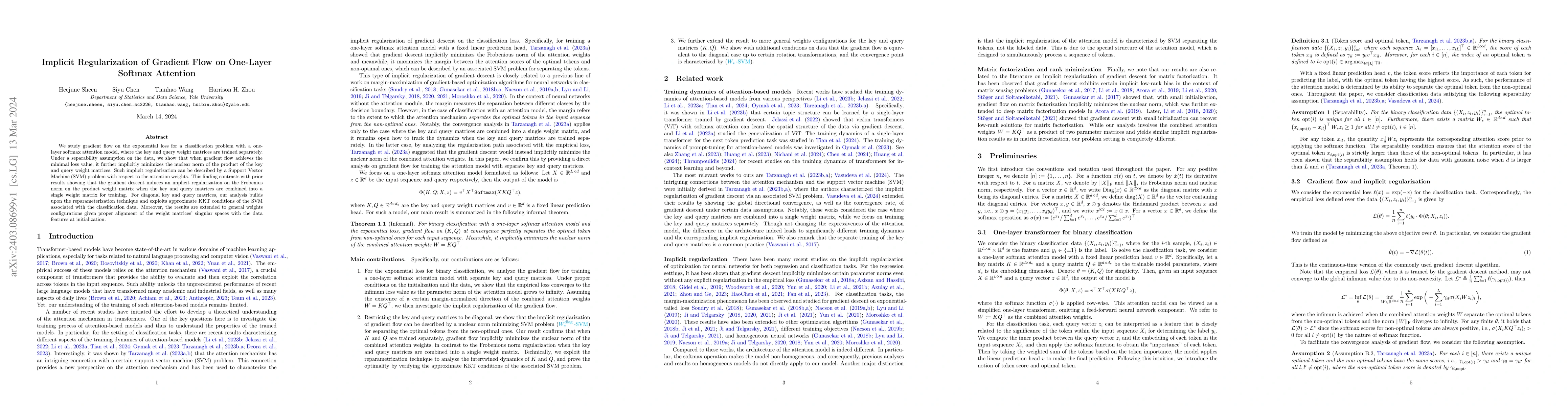 Thumbnail for Implicit Regularization of Gradient Flow on One-Layer Softmax Attention