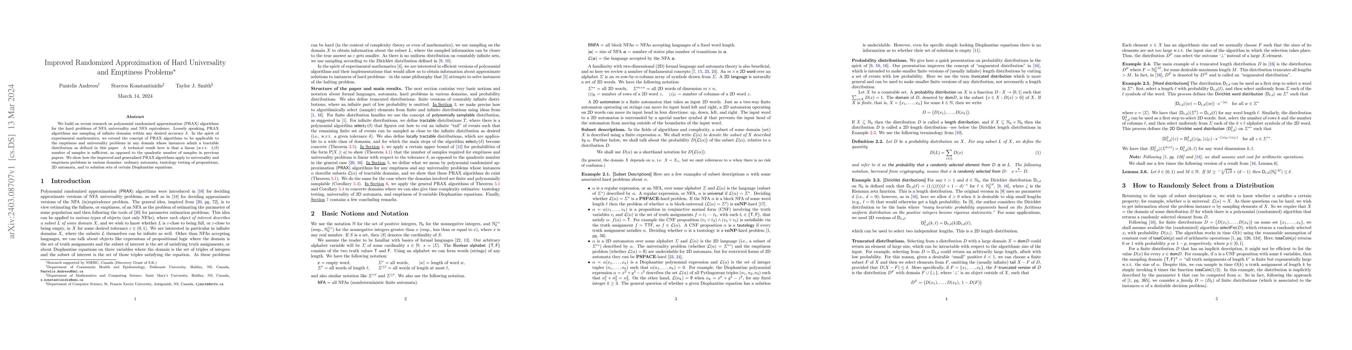 Thumbnail for Improved Randomized Approximation of Hard Universality and Emptiness
  Problems