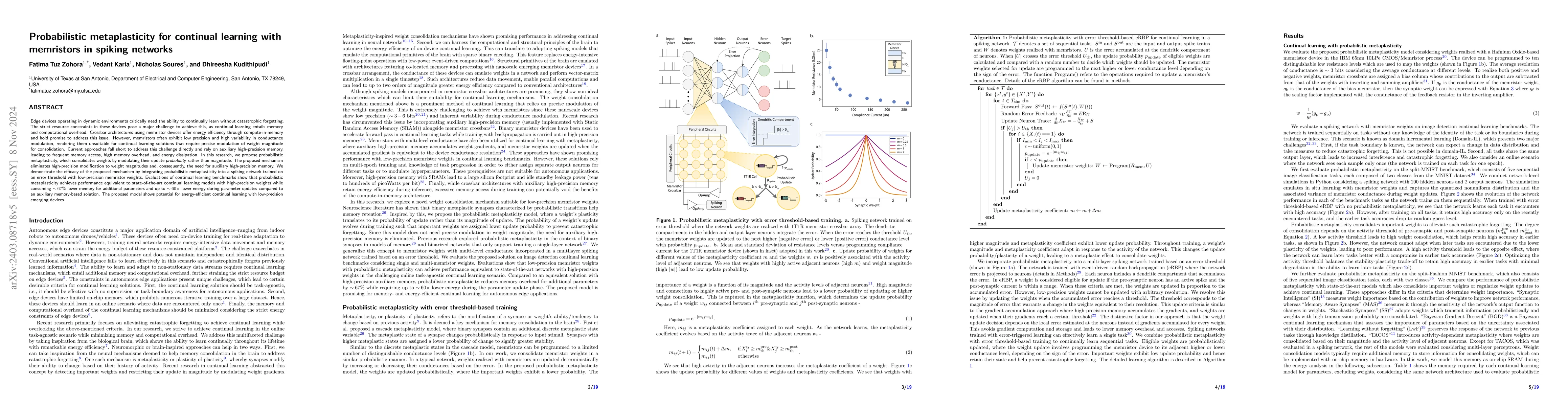 Thumbnail for Probabilistic Metaplasticity for Continual Learning with Memristors