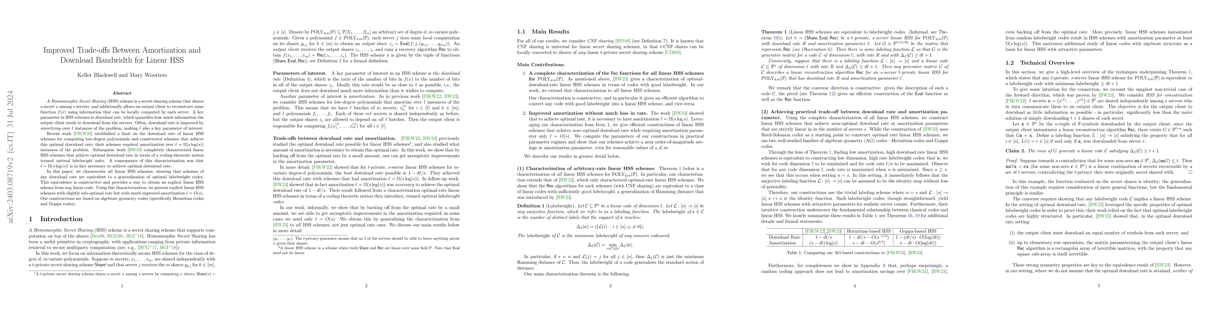 Thumbnail for Improved Trade-offs Between Amortization and Download Bandwidth for
  Linear HSS