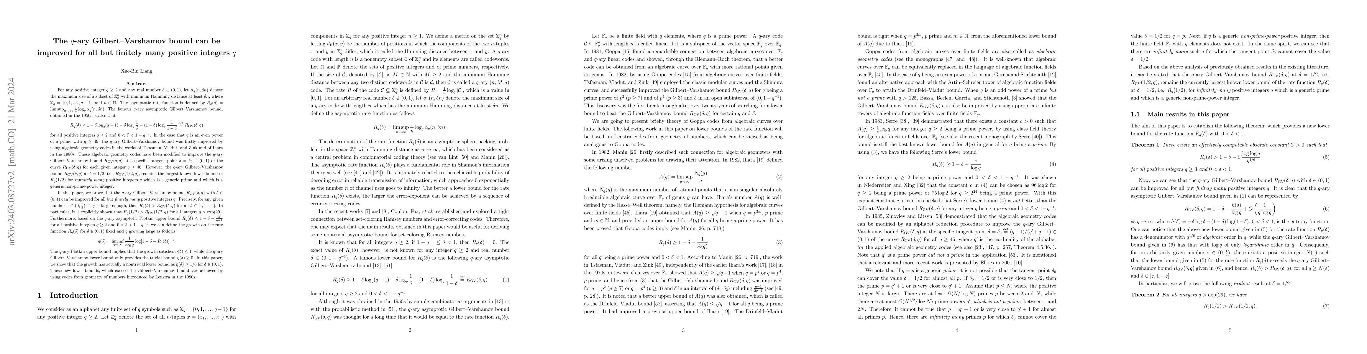 Thumbnail for The q-ary Gilbert-Varshamov bound can be improved for all but finitely
  many positive integers q