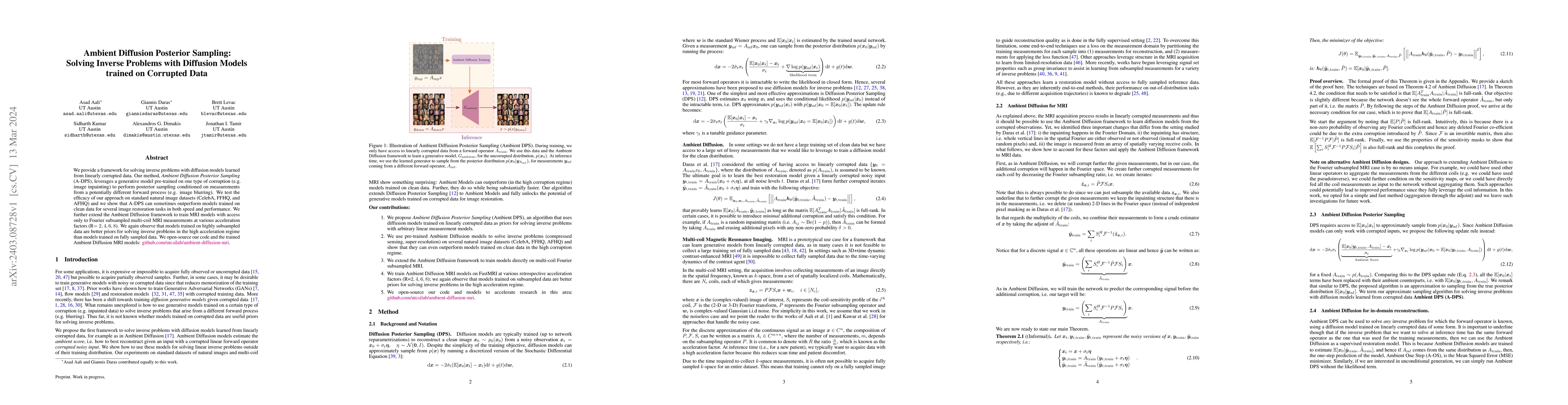 Thumbnail for Ambient Diffusion Posterior Sampling: Solving Inverse Problems with
  Diffusion Models trained on Corrupted Data