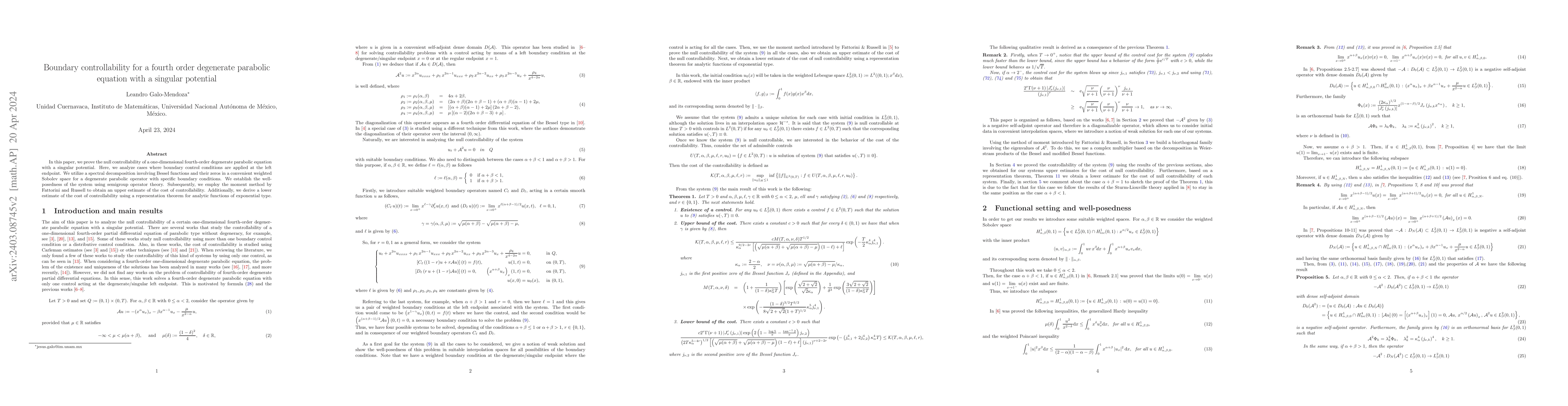 Thumbnail for Boundary controllability for a fourth order degenerate parabolic
  equation with a singular potential