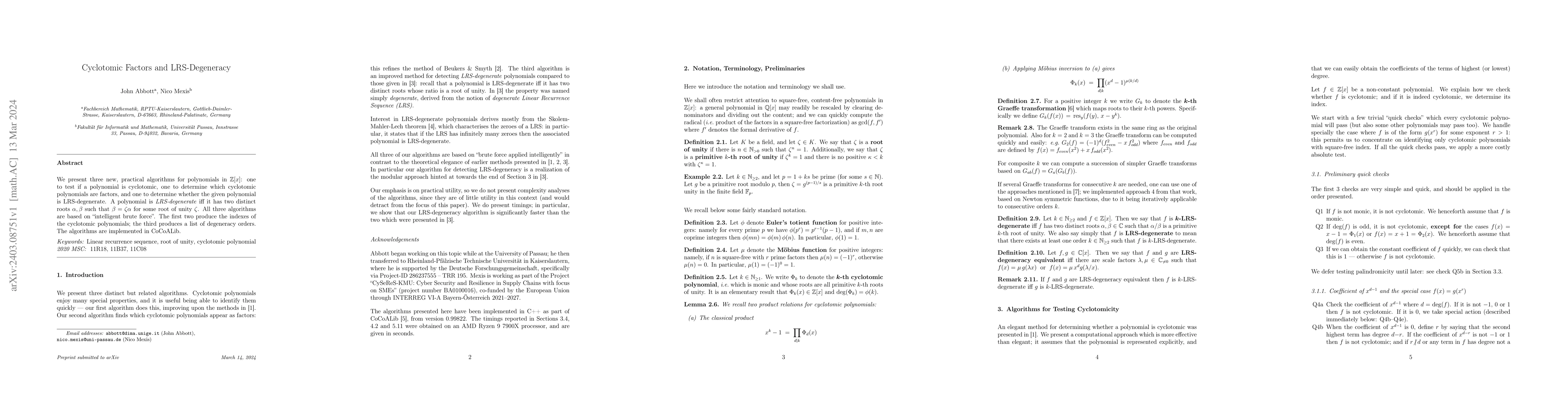 Thumbnail for Cyclotomic Factors and LRS-Degeneracy