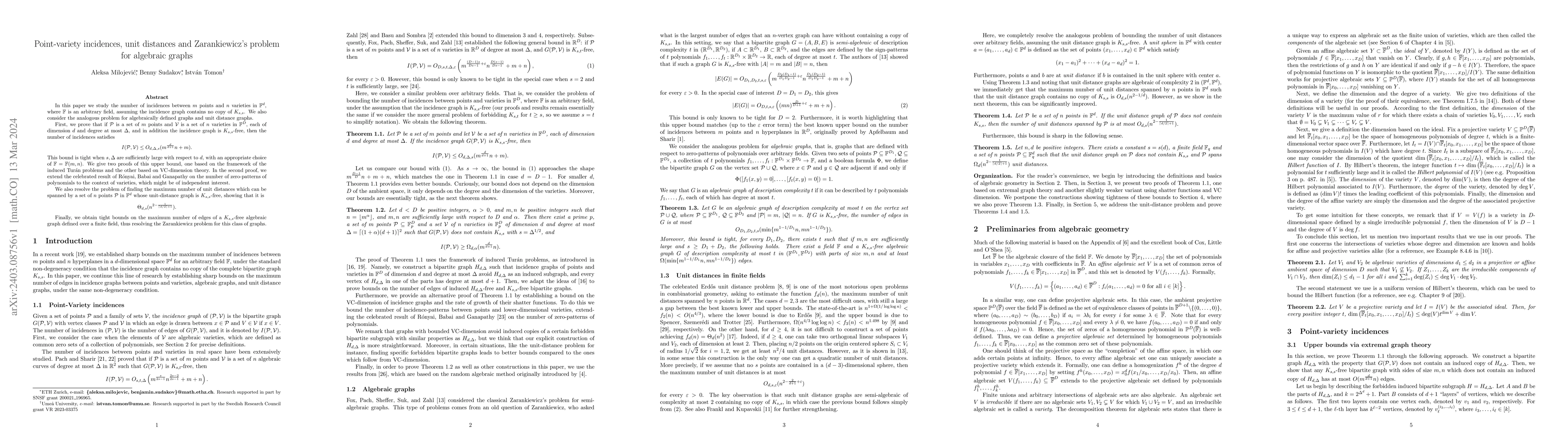 Thumbnail for Point-variety incidences, unit distances and Zarankiewicz's problem for
  algebraic graphs