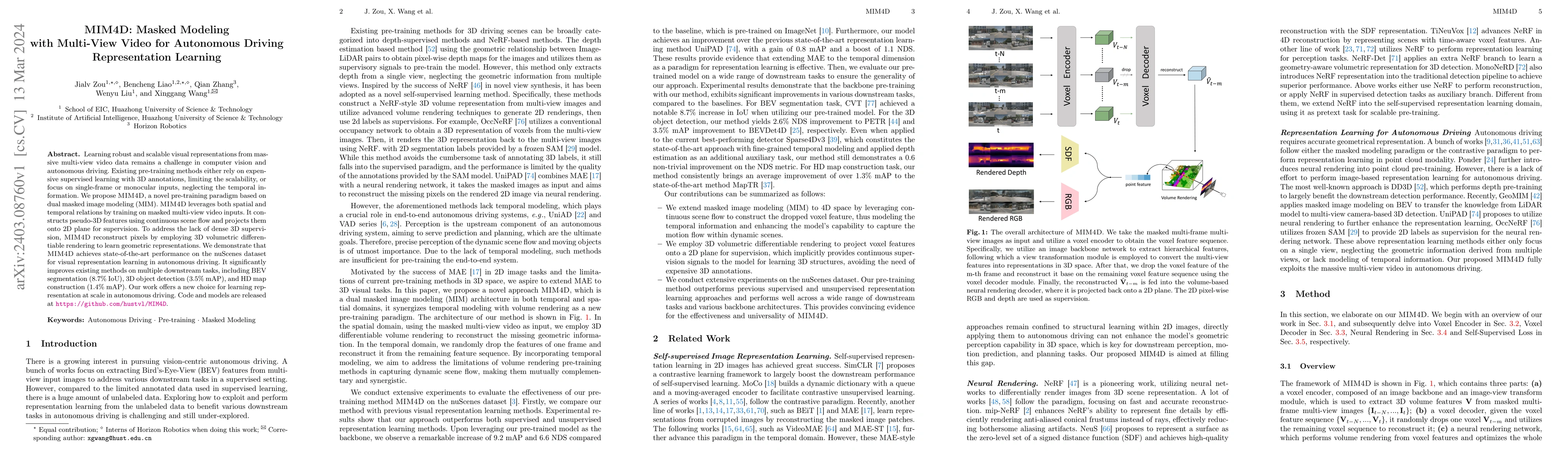 Thumbnail for MIM4D: Masked Modeling with Multi-View Video for Autonomous Driving
  Representation Learning