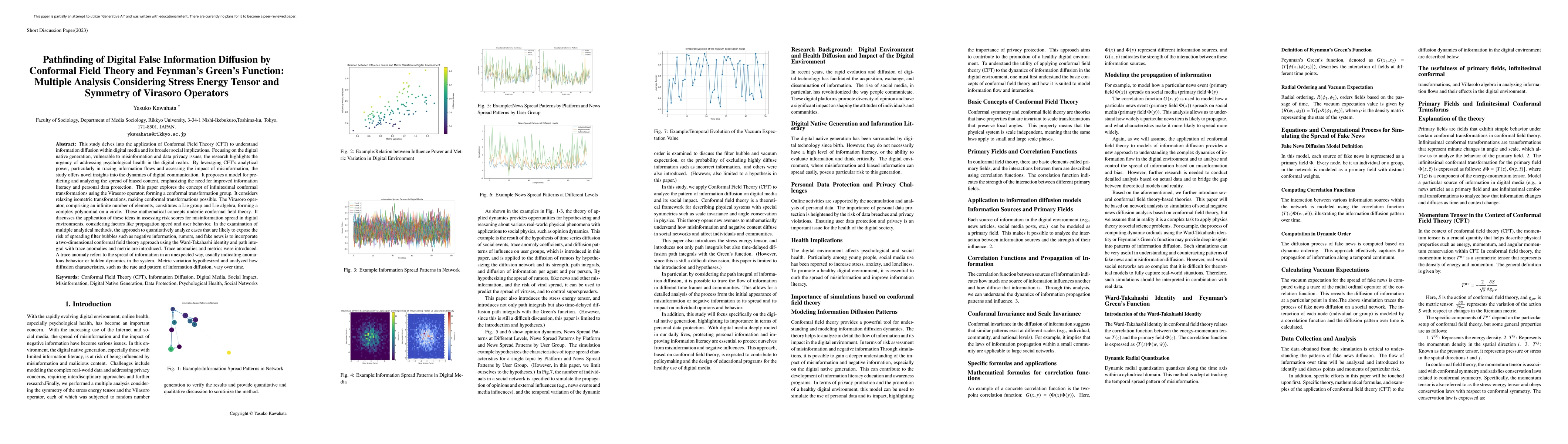 Thumbnail for Pathfinding of Digital False Information Diffusion by Conformal Field
  Theory and Feynman's Green's Function: Multiple Analysis Considering Stress
  Energy Tensor and Symmetry of Virasoro Operators