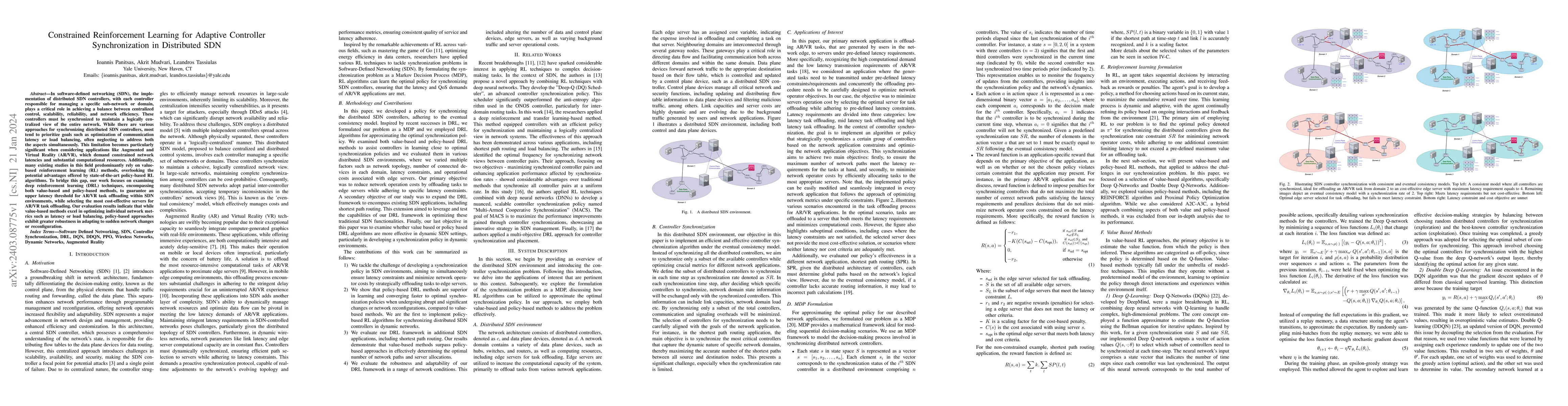 Thumbnail for Constrained Reinforcement Learning for Adaptive Controller
  Synchronization in Distributed SDN