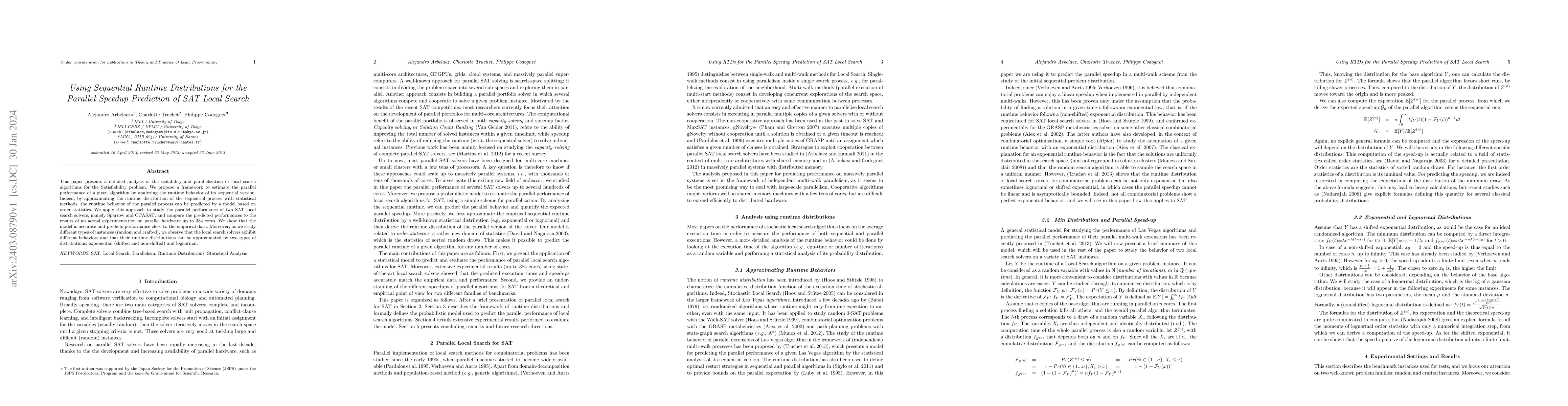 Thumbnail for Using Sequential Runtime Distributions for the Parallel Speedup
  Prediction of SAT Local Search