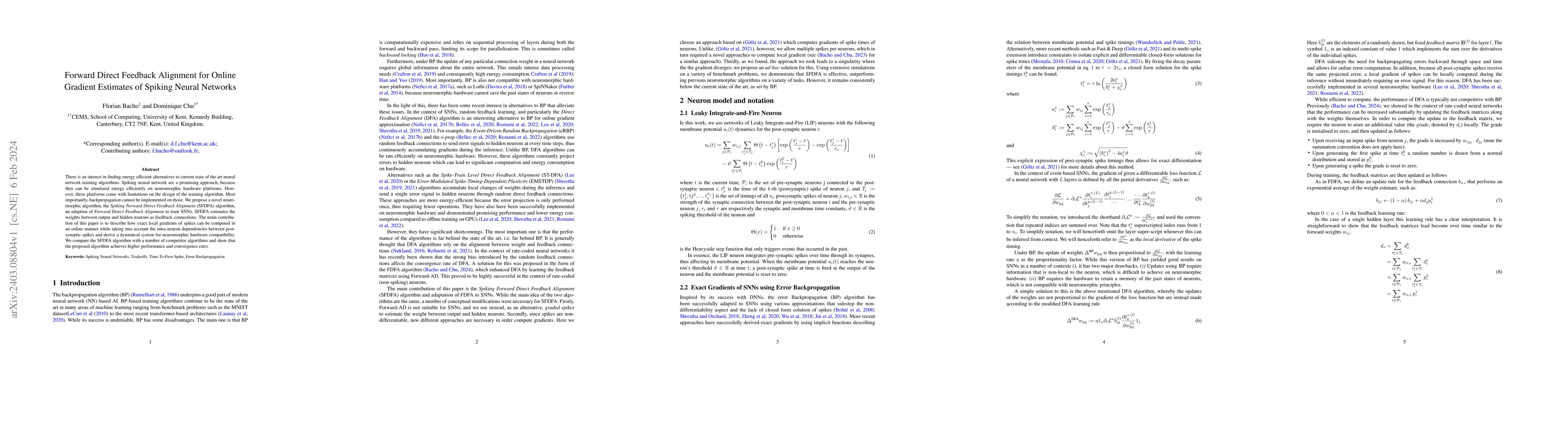 Thumbnail for Forward Direct Feedback Alignment for Online Gradient Estimates of
  Spiking Neural Networks