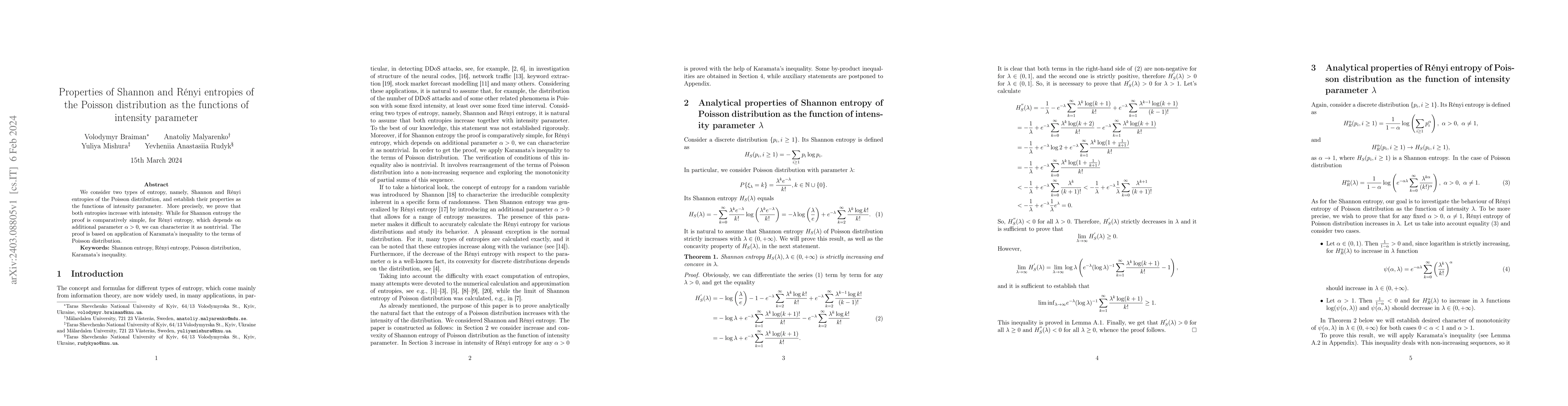 Thumbnail for Properties of Shannon and R\'{e}nyi entropies of the Poisson
  distribution as the functions of intensity parameter