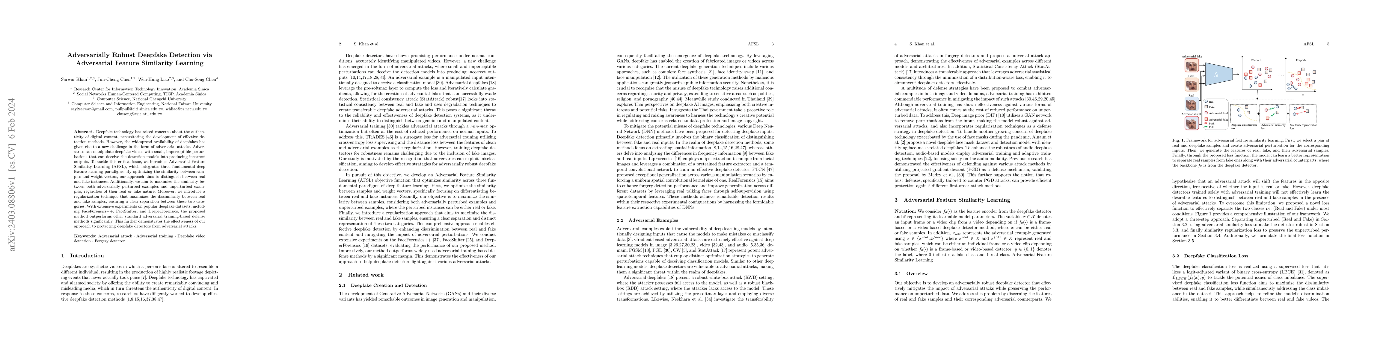 Thumbnail for Adversarially Robust Deepfake Detection via Adversarial Feature
  Similarity Learning