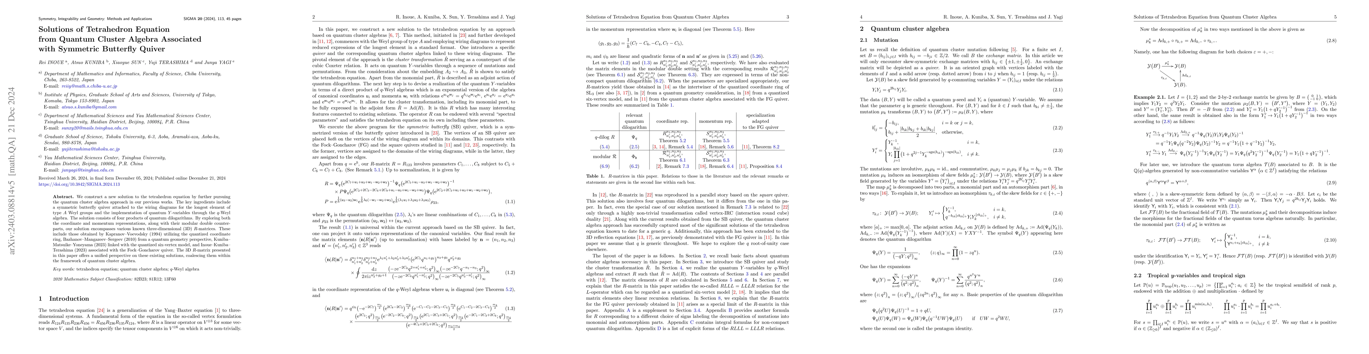 Thumbnail for Solutions of tetrahedron equation from quantum cluster algebra
  associated with symmetric butterfly quiver