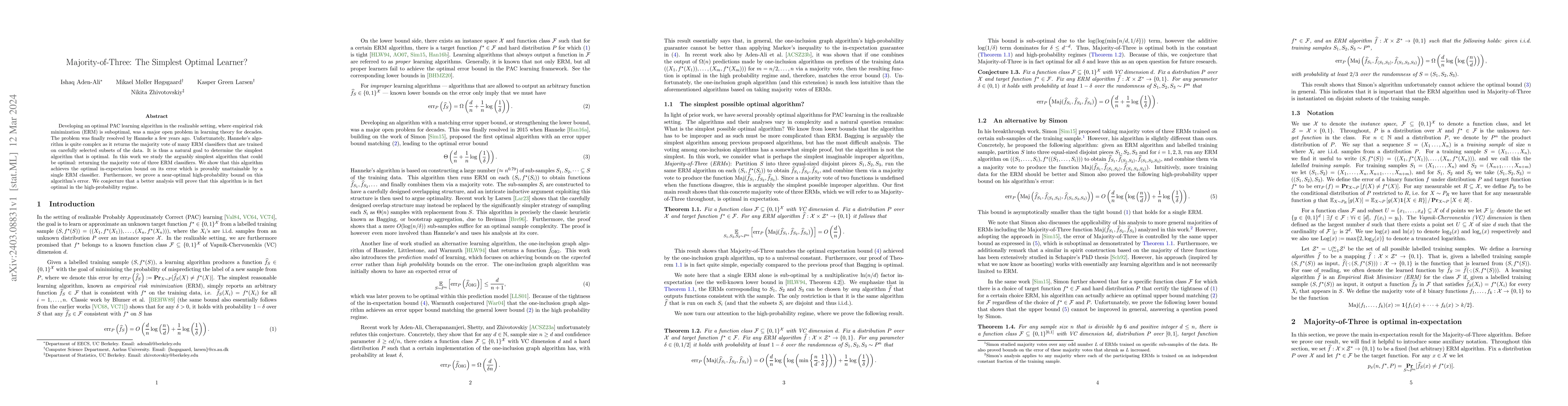 Thumbnail for Majority-of-Three: The Simplest Optimal Learner?